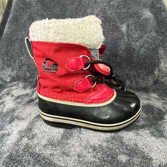 Sorel Kids Sz 13  Pac Red Nylon Waterproof Sherpa Collar Winter Snow Boots - Picture 1 of 8